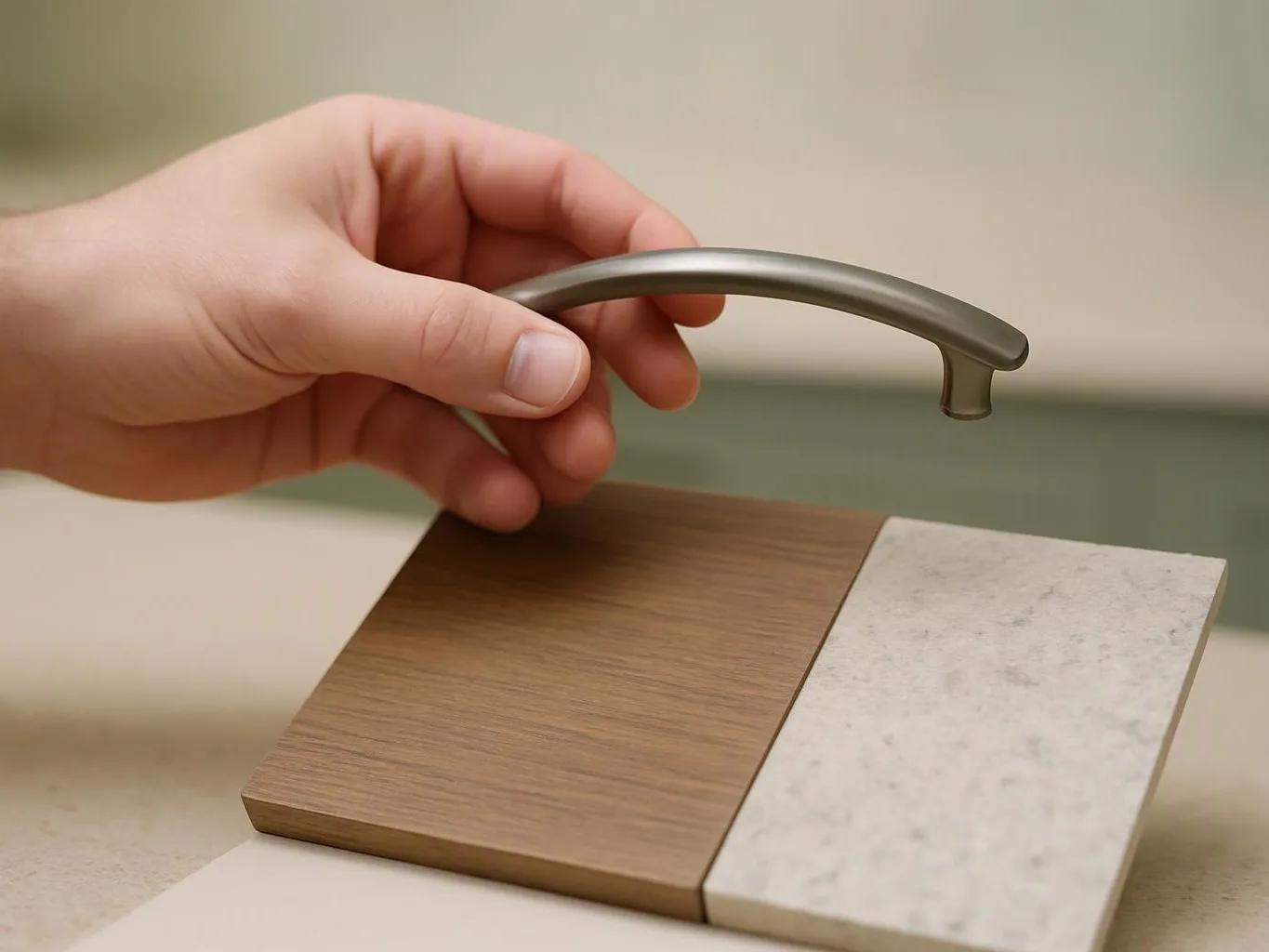 A hand holds a curved metal cabinet handle above two sample material tiles