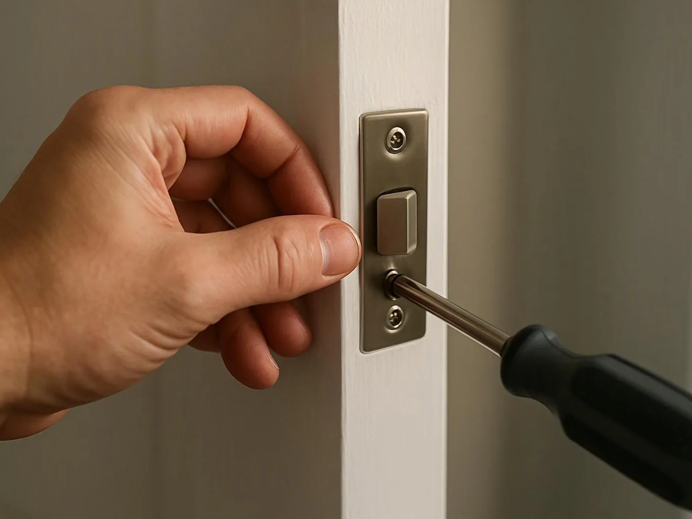 A hand holds a door latch while a screwdriver tightens the metal strike plate on a white door frame