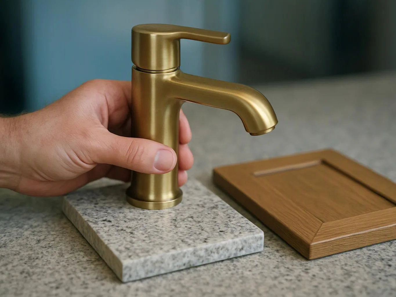 A hand holds a gold faucet on a speckled stone countertop beside a wooden plate sample