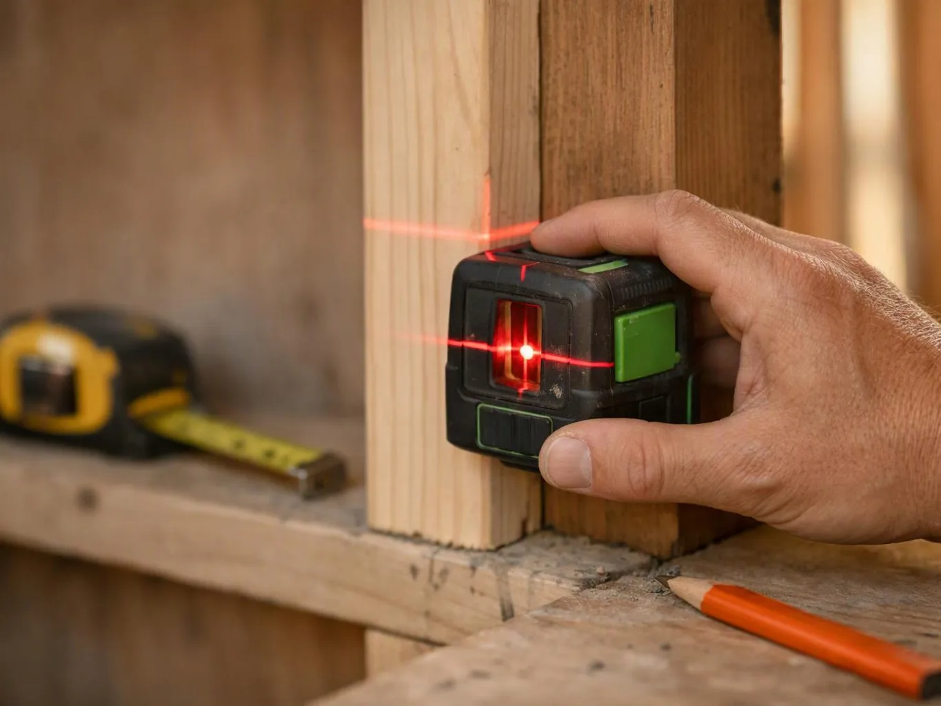 A hand holds a red laser level against a wooden post beside a tape measure and pencil