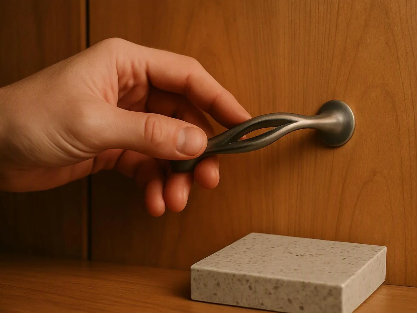 A hand holds a silver cabinet handle against a wooden surface, with a small speckled block below