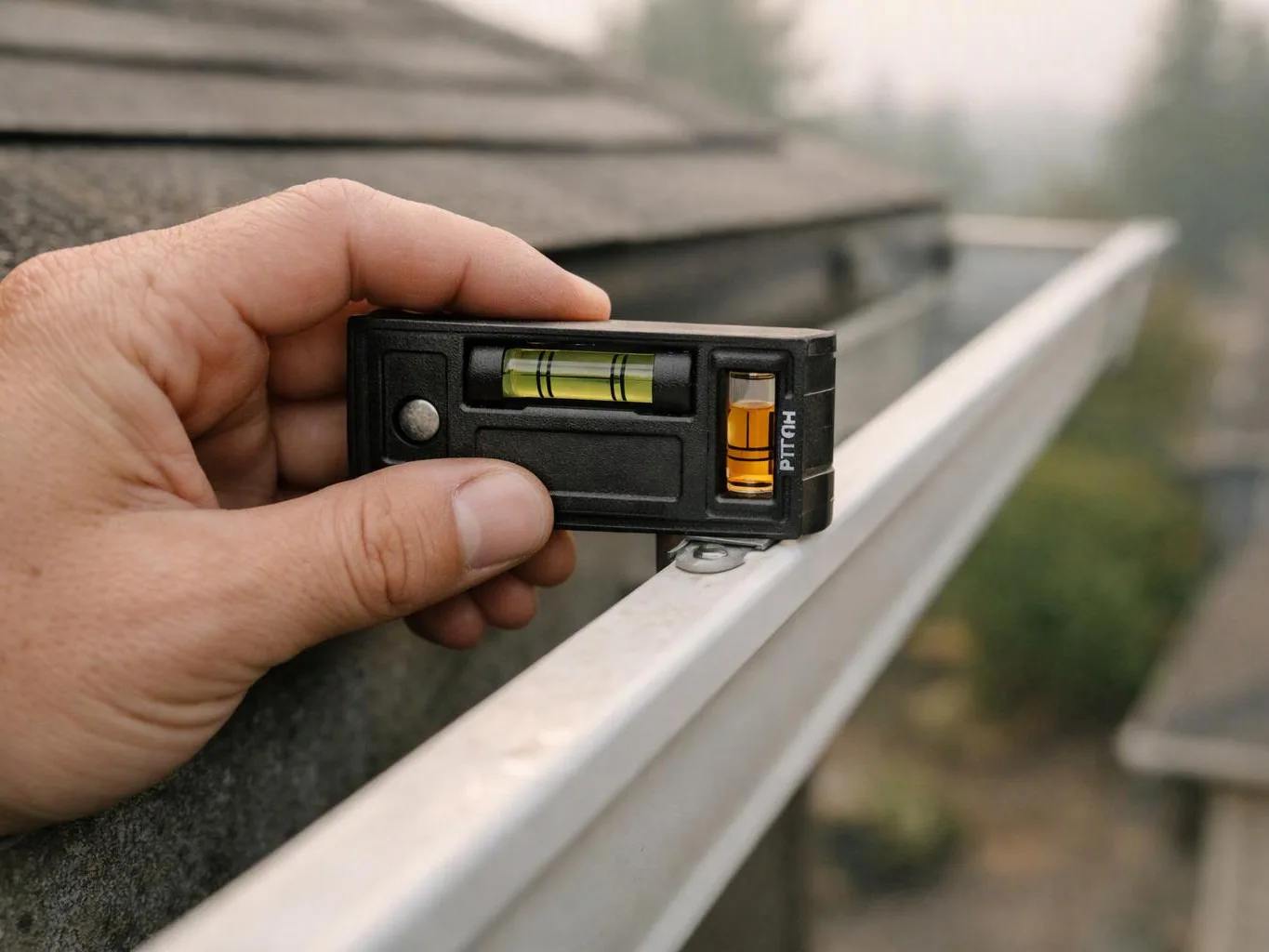A hand holds a small spirit level against a roof gutter outdoors