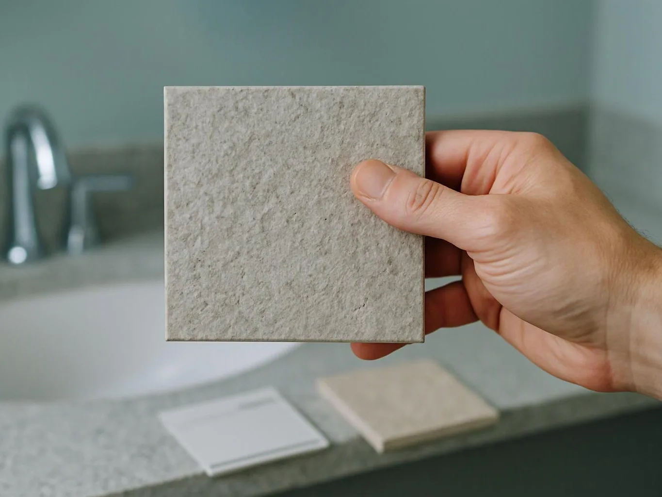 A hand holds a square gray stone tile in a bathroom with a sink in the background