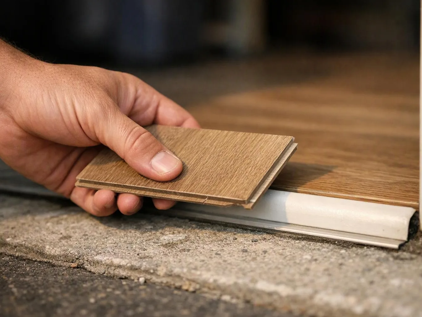 A hand holds a wood flooring sample beside an installed plank on a concrete floor