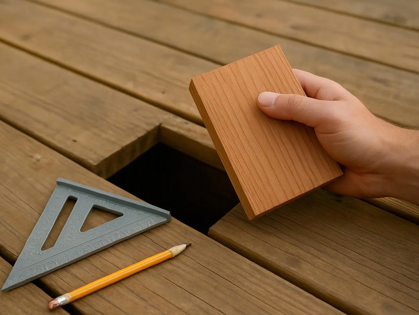 A hand holds a wood sample beside a deck gap, with a metal square and pencil on the boards