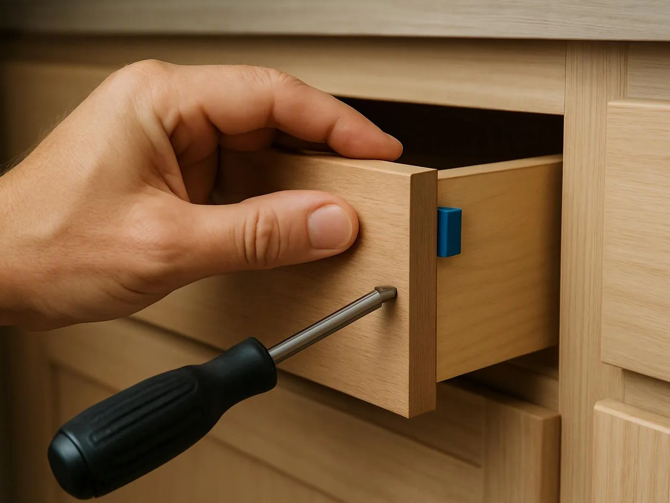 A hand opens a wooden drawer with a screwdriver inserted in the front panel