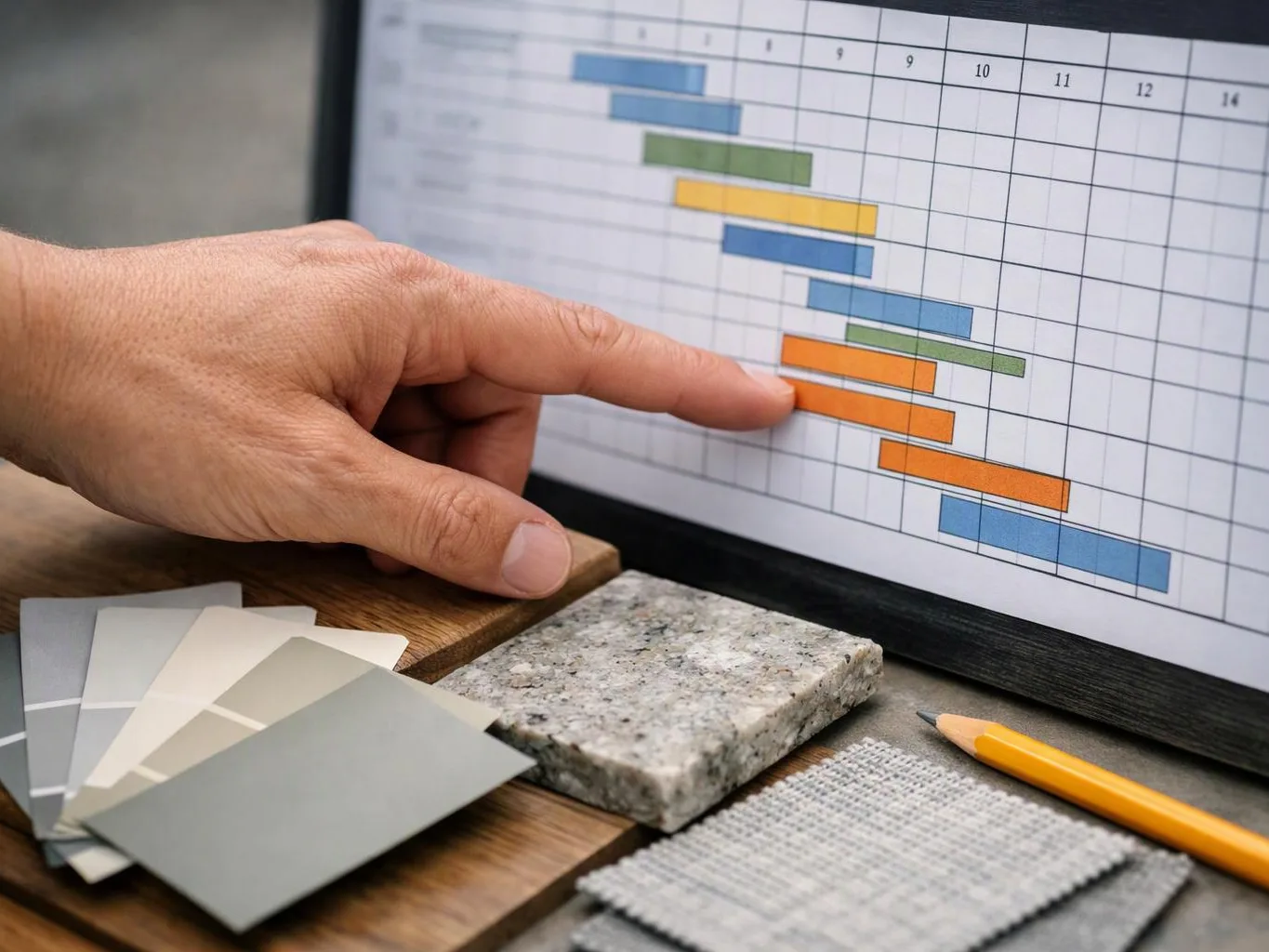 A hand points at colored timeline bars on a screen beside material samples and a pencil