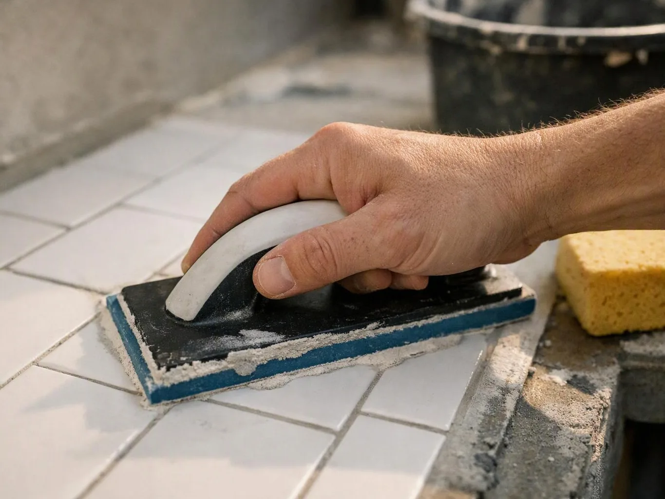 A hand presses a grout float against white tiles beside a yellow sponge on a work surface