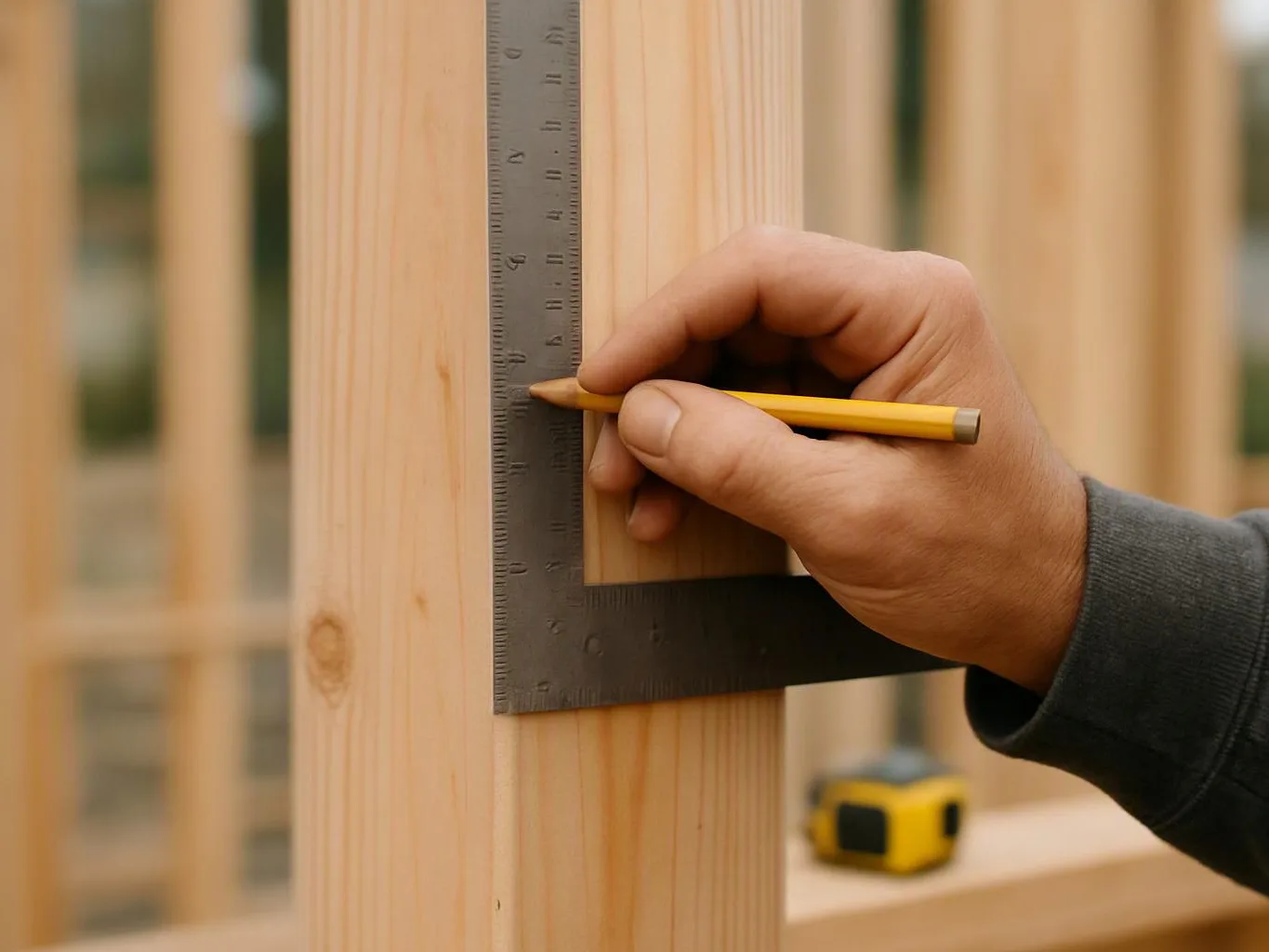 A hand uses a pencil and metal square to mark a wooden post in a workshop
