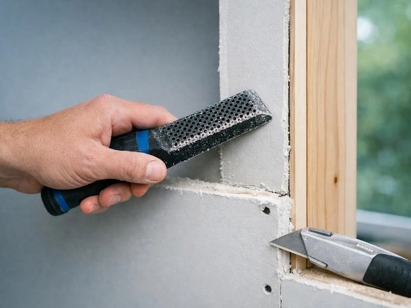 A hand uses a rasp to smooth drywall beside a window while a utility knife rests below