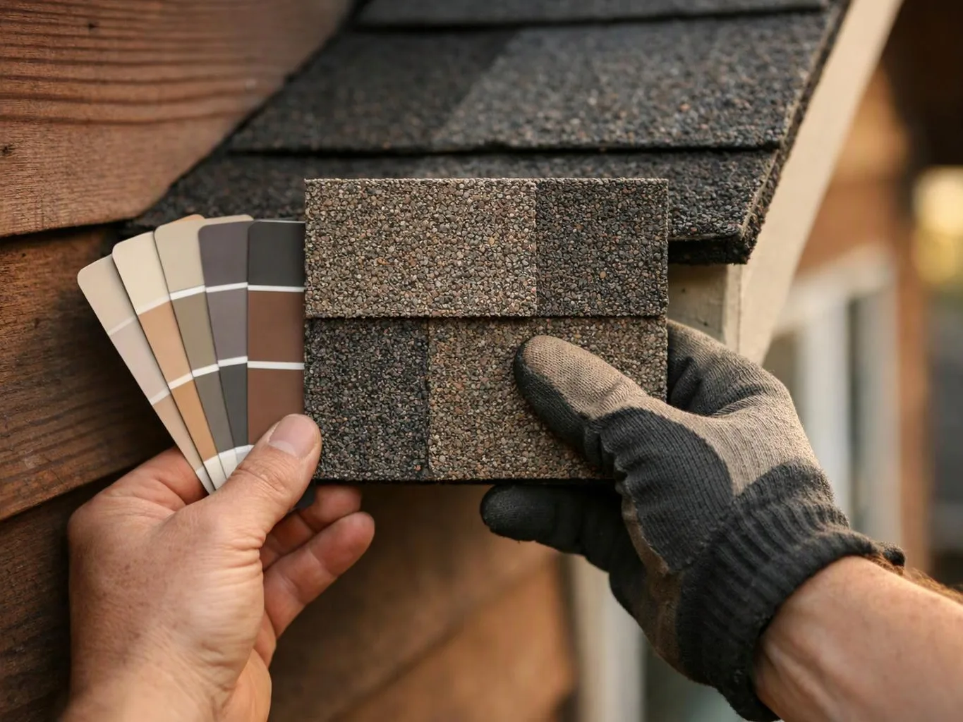 Hands hold roofing shingle samples beside a roof, comparing dark textured squares and color swatches
