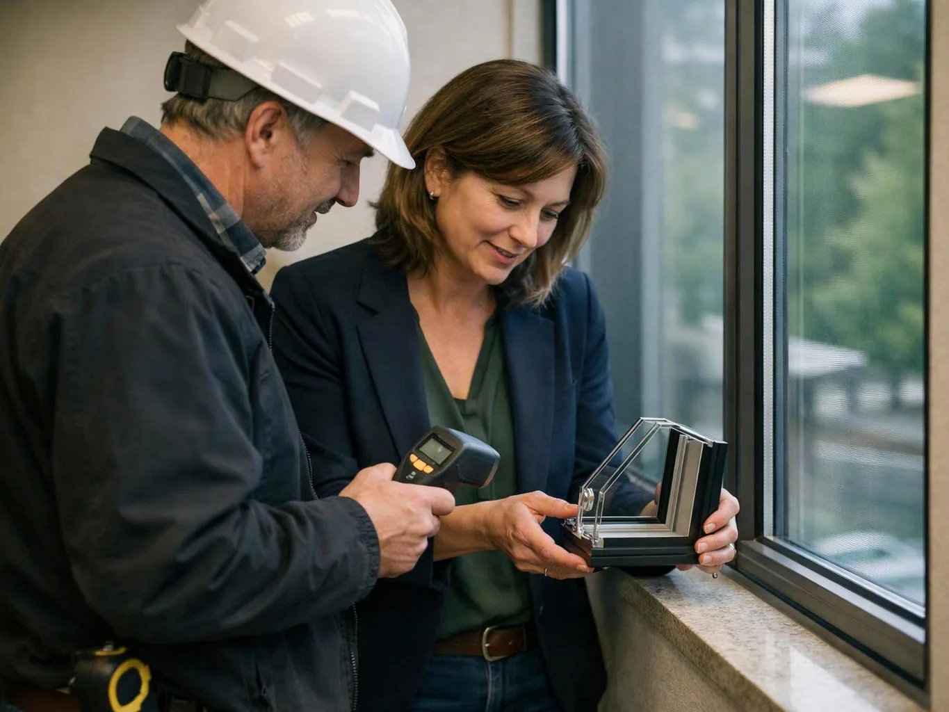 A hard hat worker and a woman inspect a window frame together beside a bright window