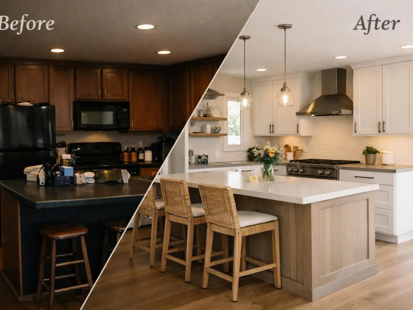 A split before-and-after kitchen shows a dark dated space changing into a bright modern kitchen with island stools and pendant lights