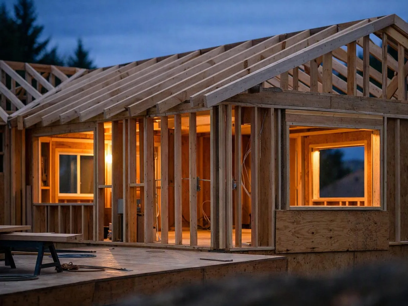 Wood framing of a house under construction glows with warm interior light at dusk