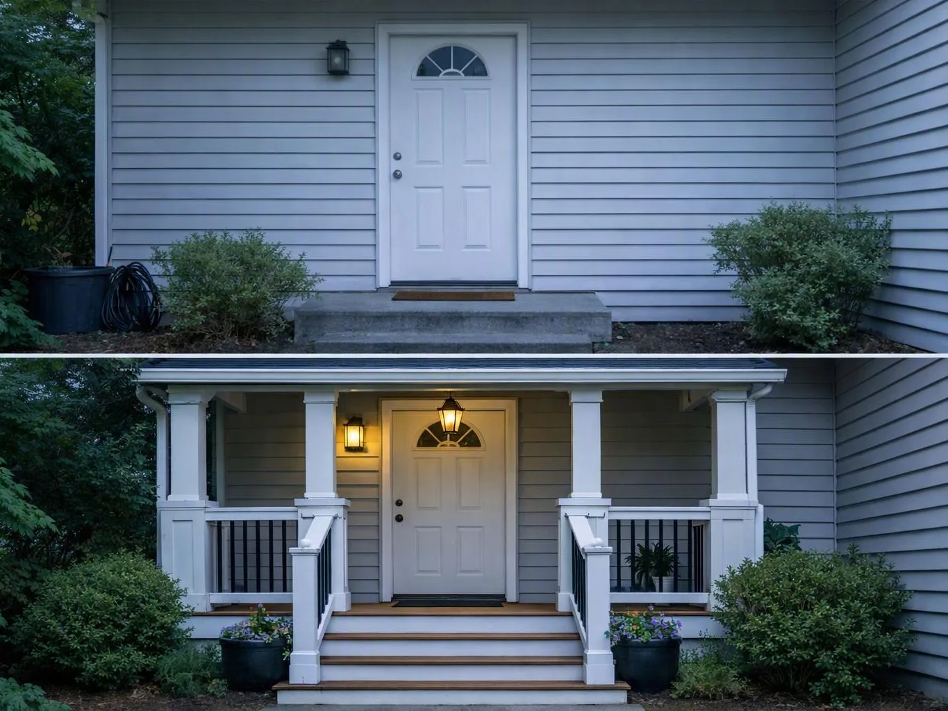 A house front changes from plain siding to a lit porch with white railings and steps