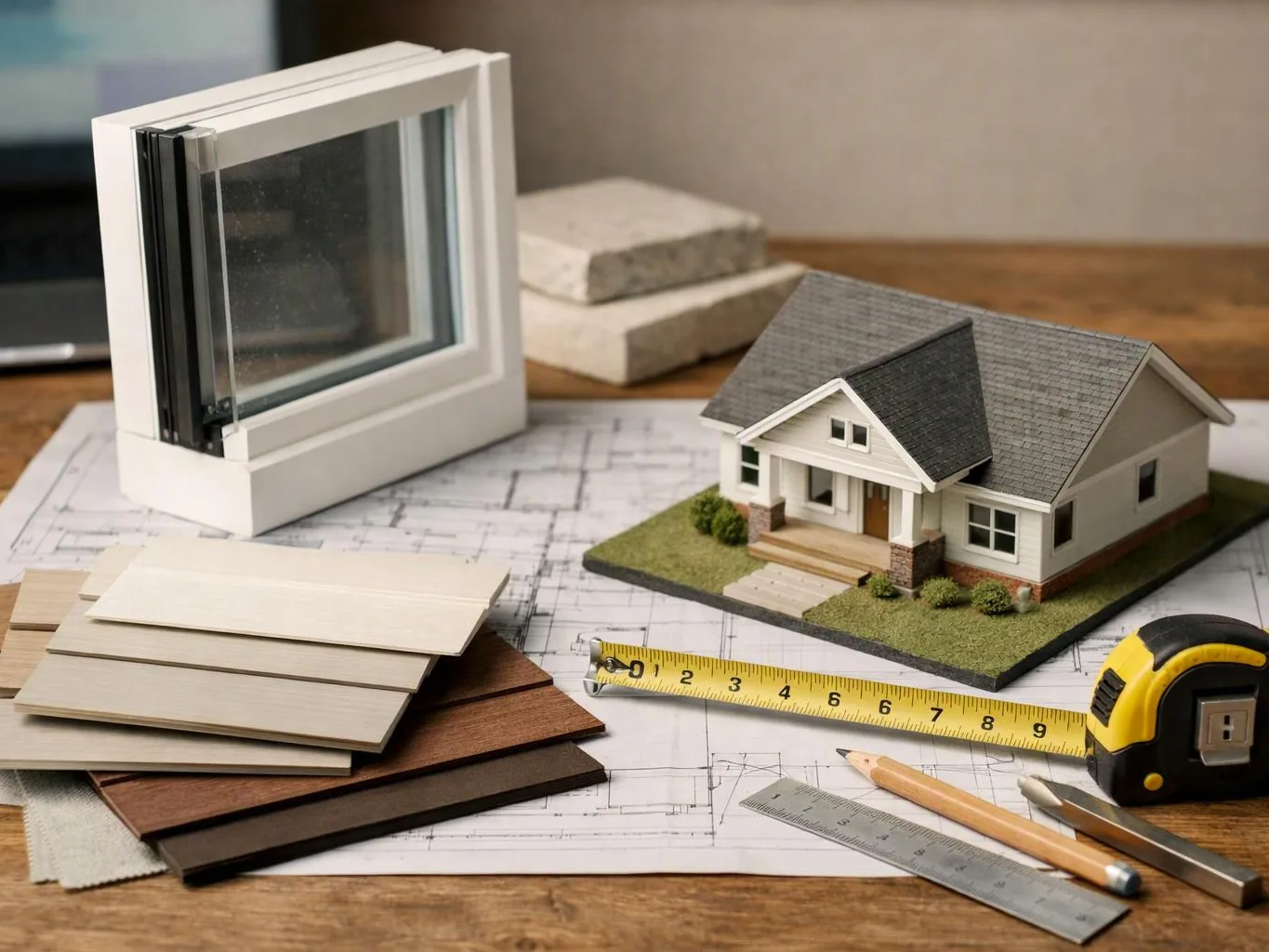 A house model, window sample, measuring tape, ruler, pencil