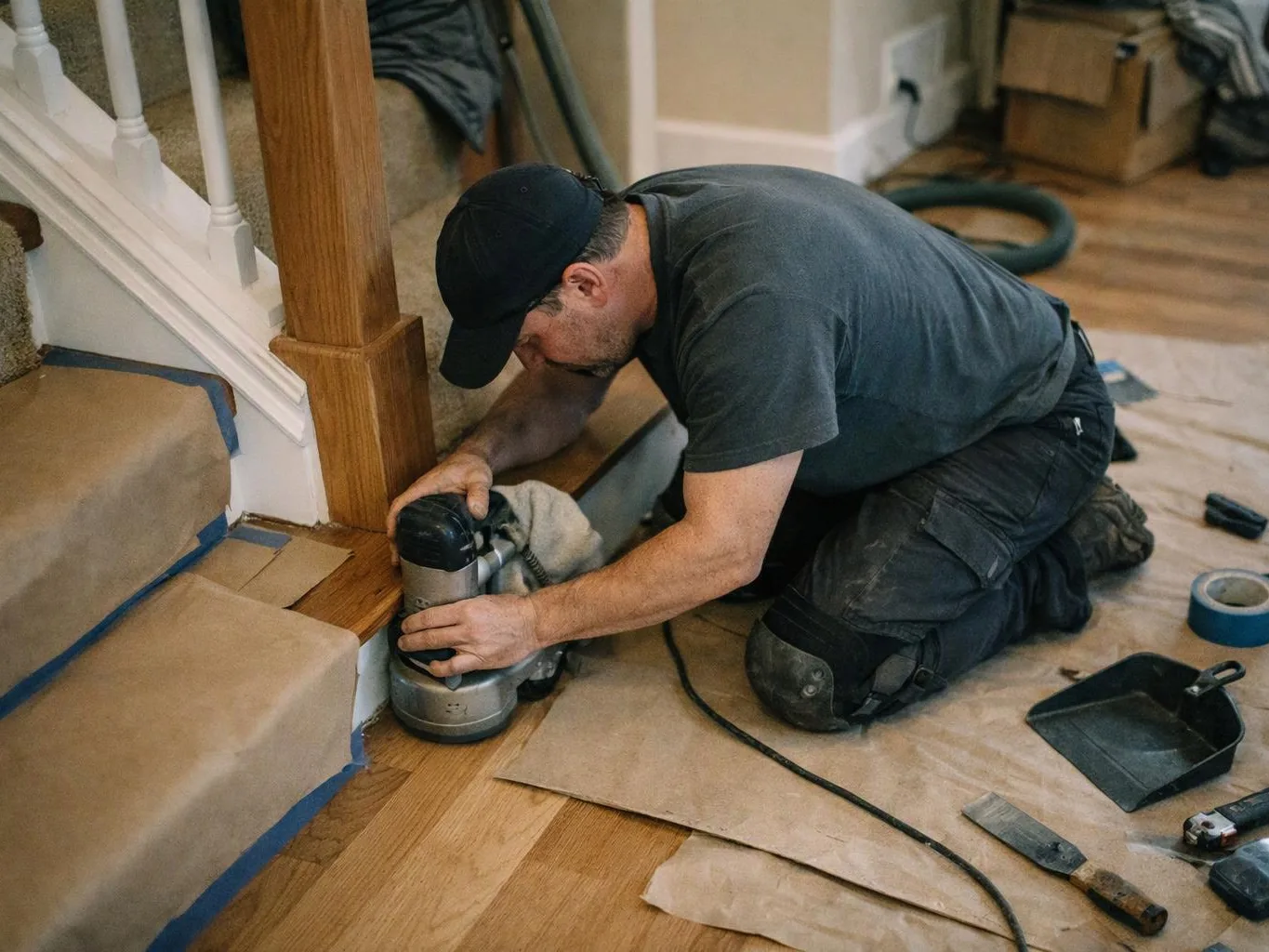 A kneeling worker sands a wooden stair edge indoors beside covered steps and tools on the floor