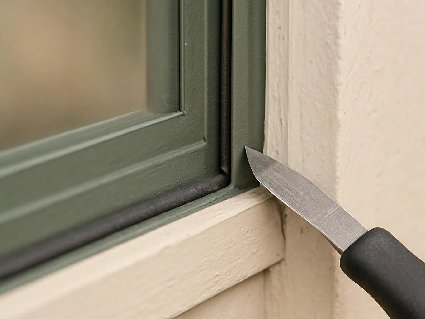 A knife blade points at the corner of a green-framed window set in a cream wall