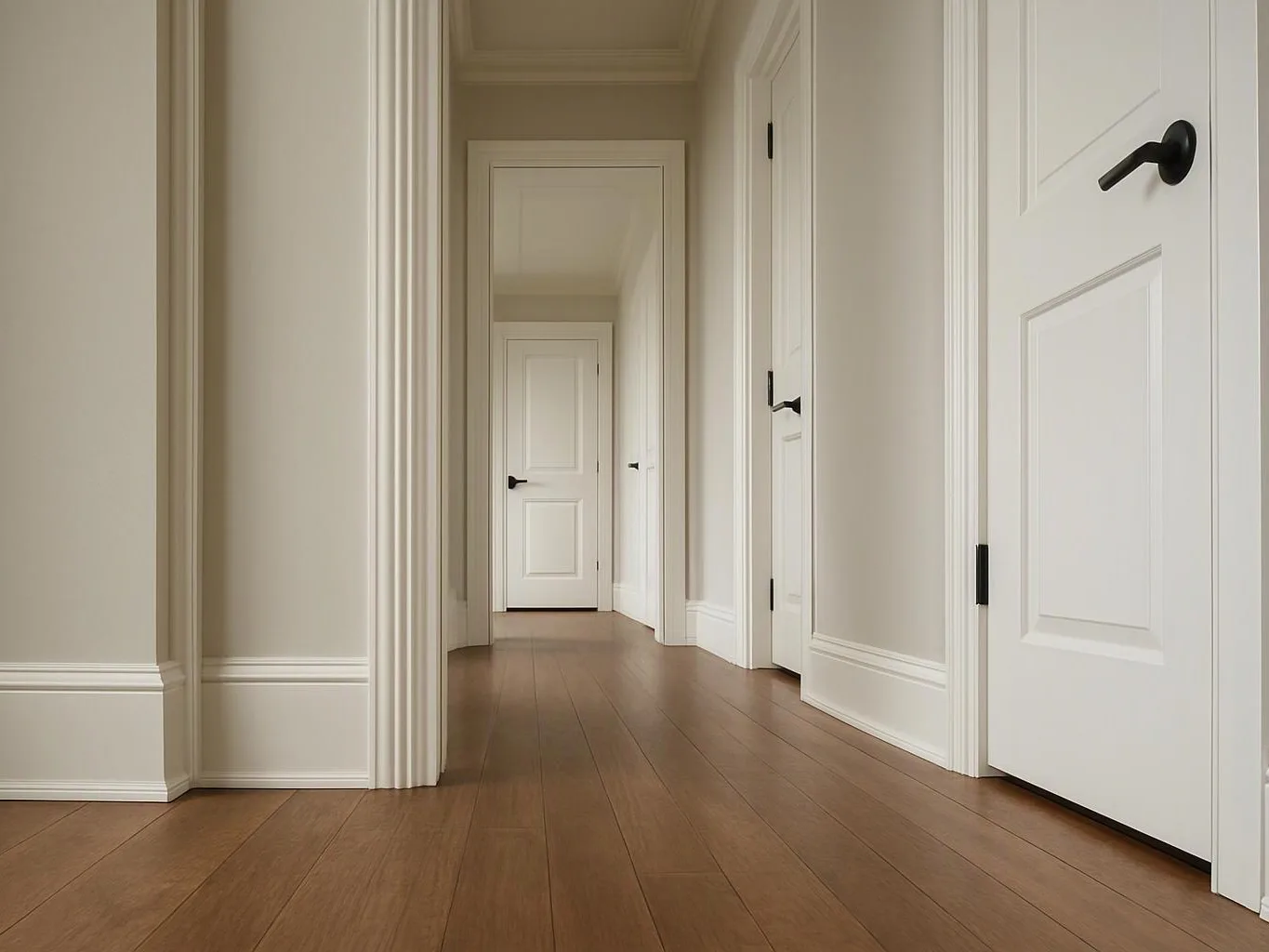A long empty hallway with white doors, beige walls, and wood flooring stretches into the distance
