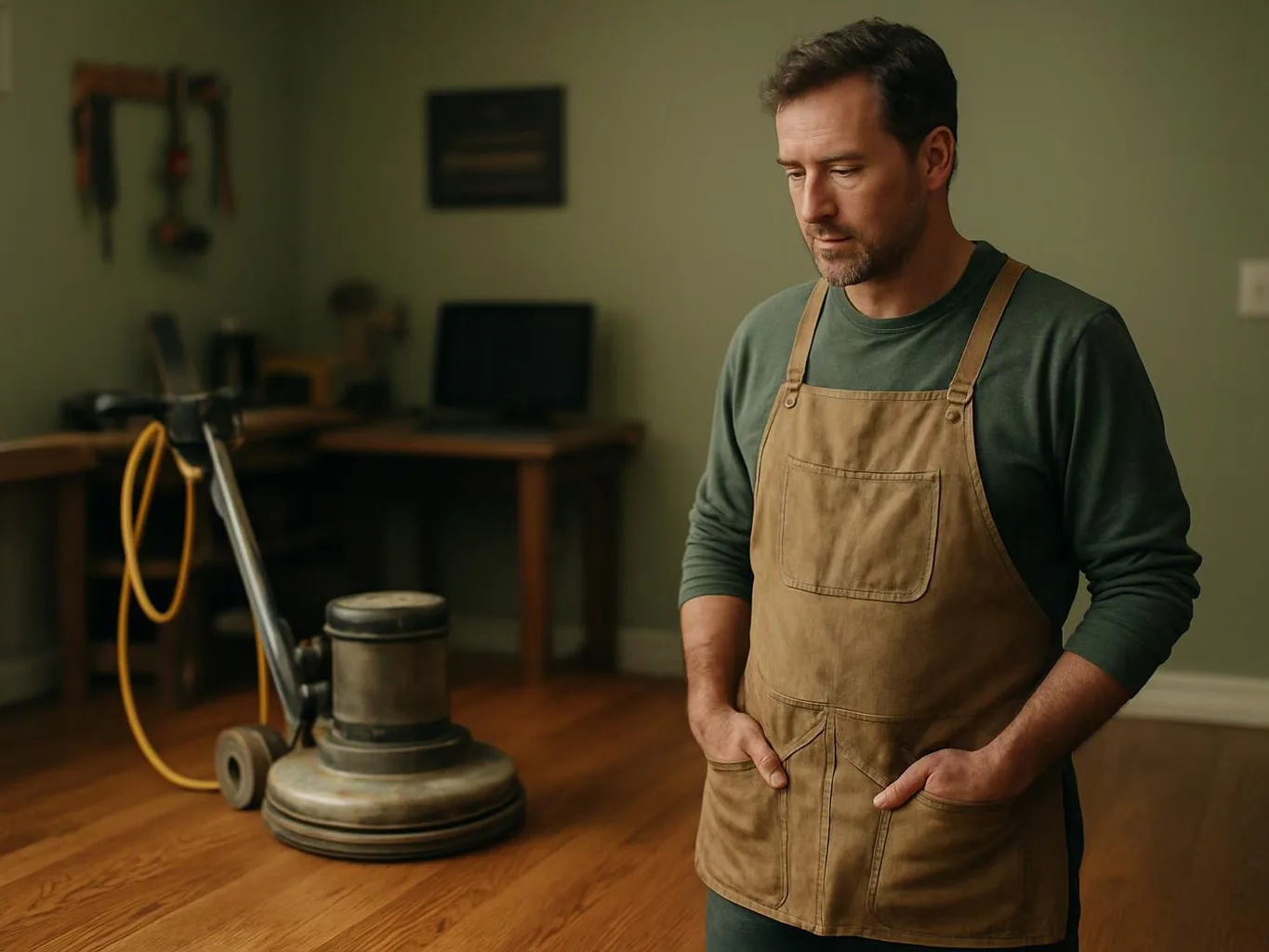 A man in an apron stands beside a floor sander in a wood-floored room