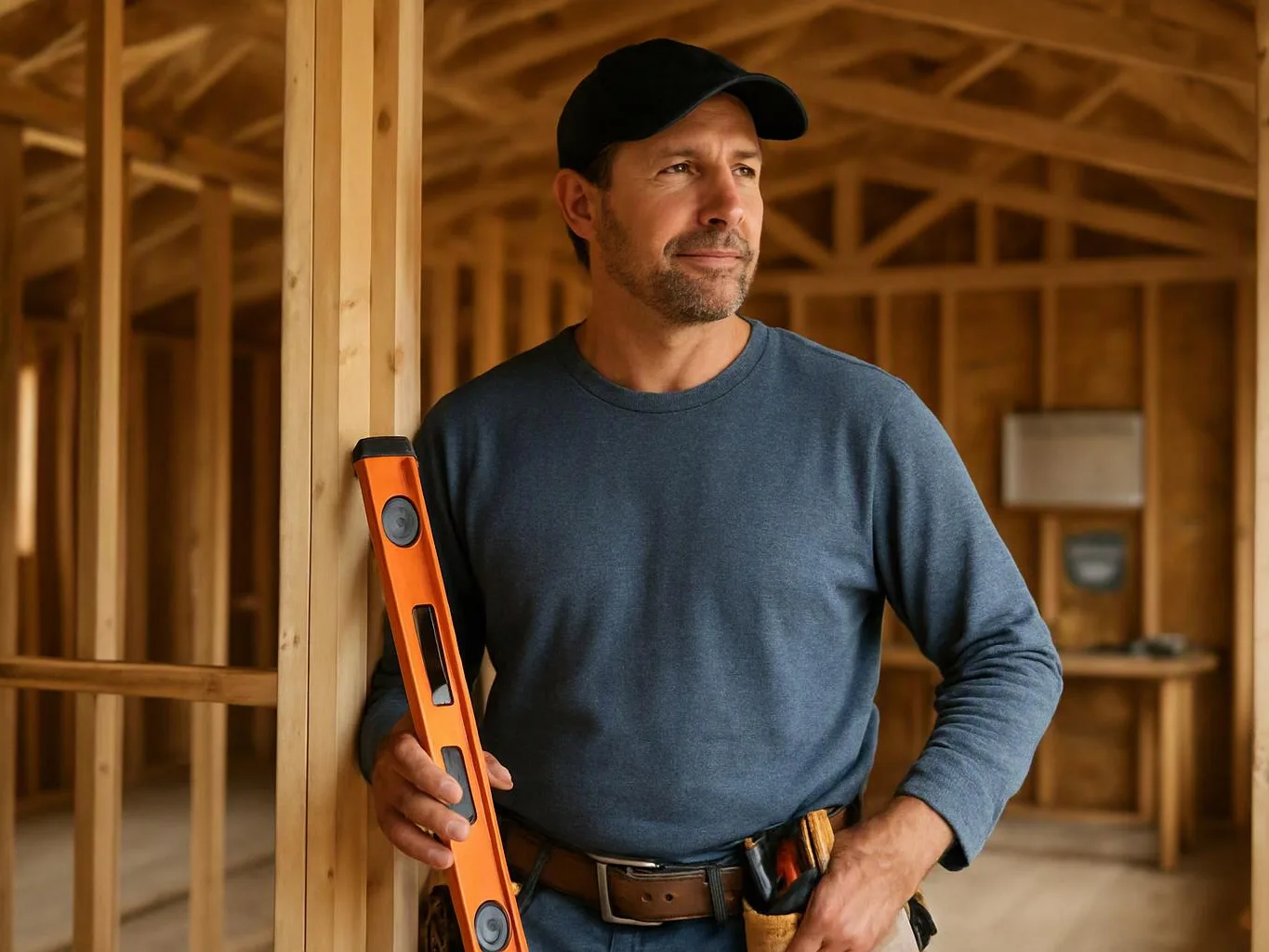 A man in a black cap holds an orange level inside a wooden house frame