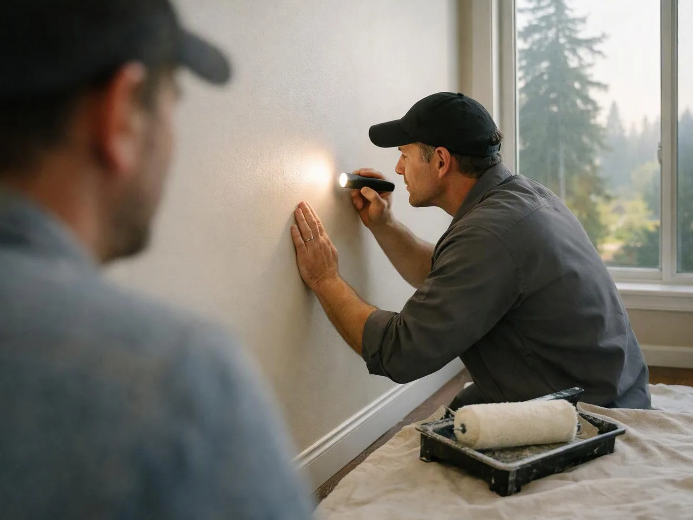 A man in a black cap inspects a wall with a flashlight while another blurred worker watches indoors