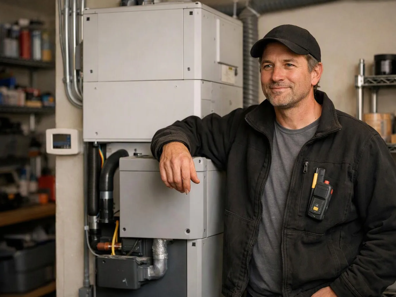 A man in a black cap leans beside a large gray heating unit in a workshop