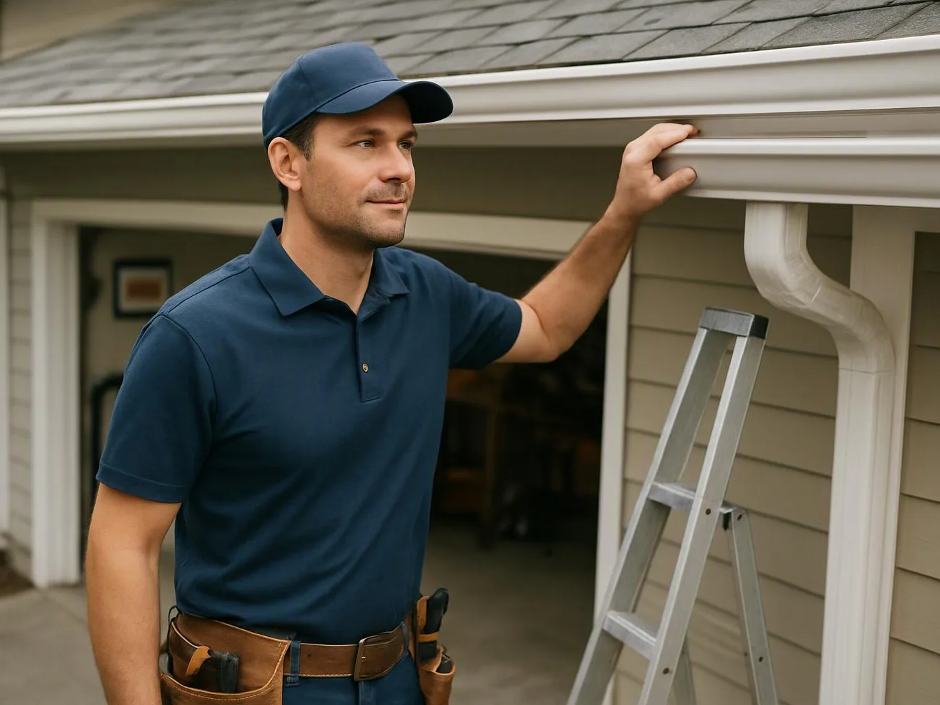 A man in a blue cap and polo inspects a house gutter beside an aluminum ladder