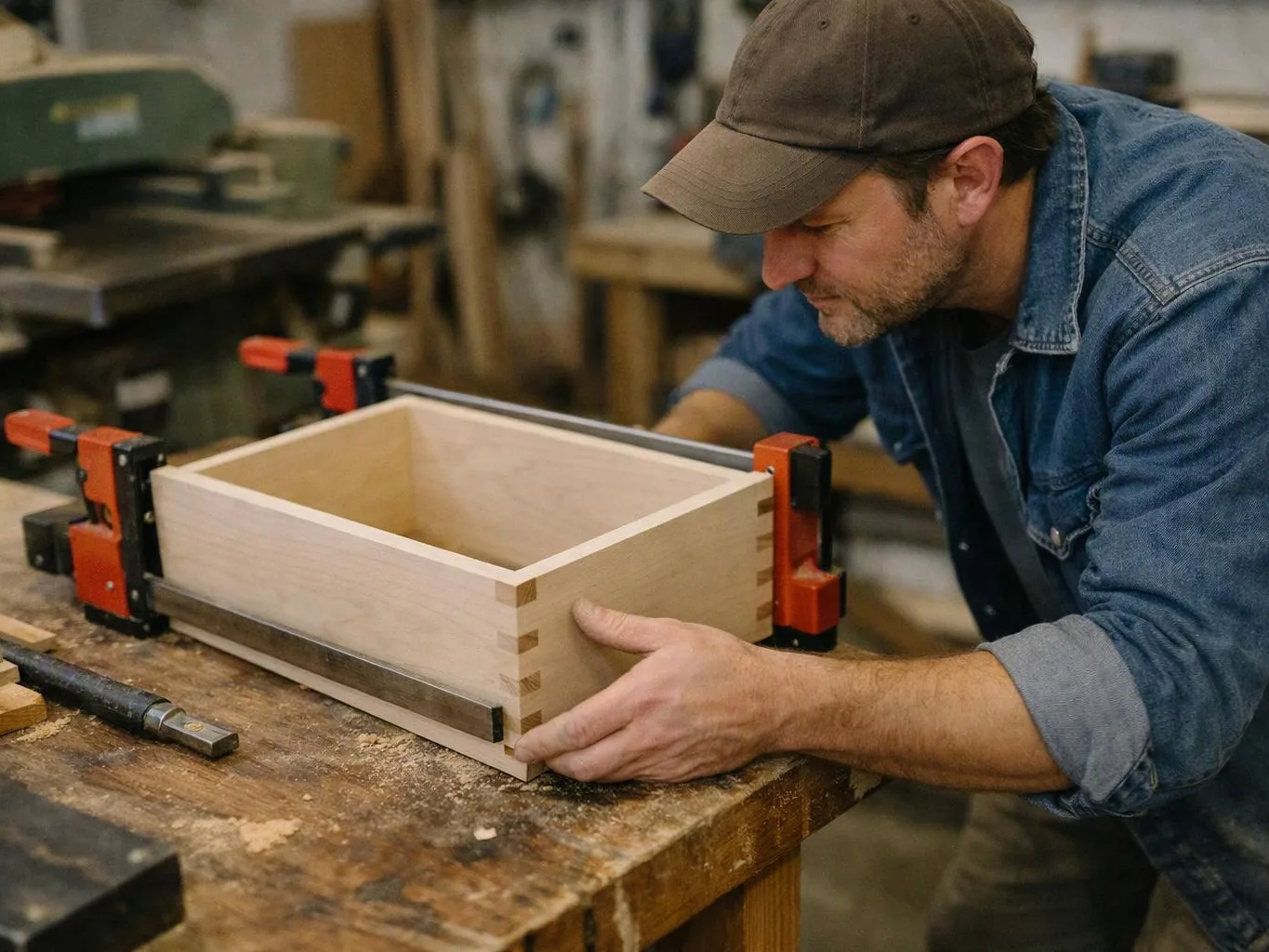 A man in a cap adjusts a wooden box clamped on a workbench in a workshop