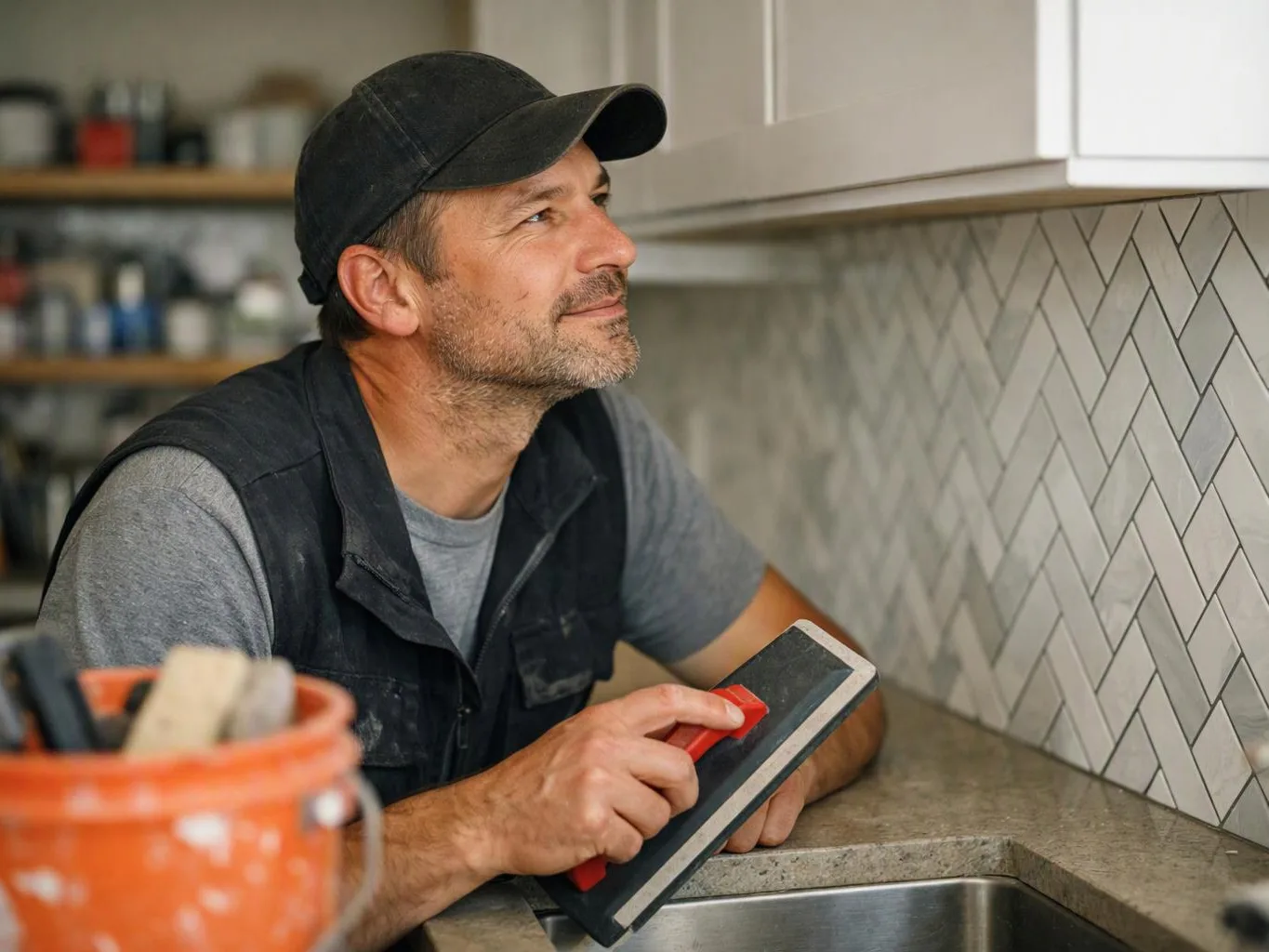 A man in a cap holds a trowel and looks at a tiled kitchen wall beside a sink