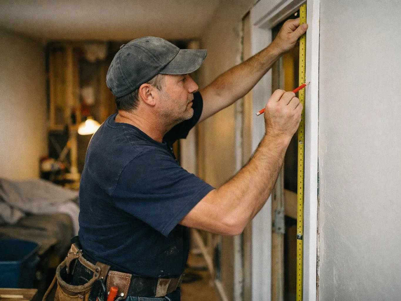 A man in a cap measures a doorway with a tape measure and pencil inside a room under renovation