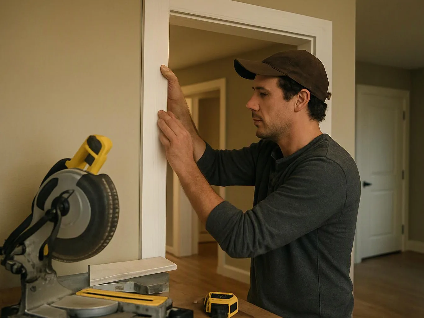 A man in a cap measures a white doorway trim beside a miter saw in a room under renovation