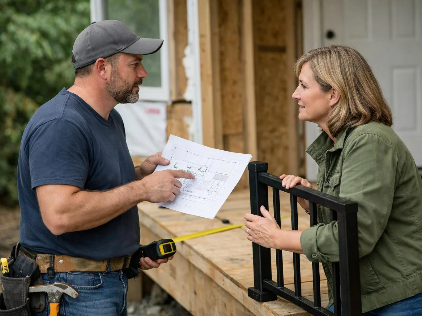 A man in a cap shows blueprints to a woman beside a house under construction