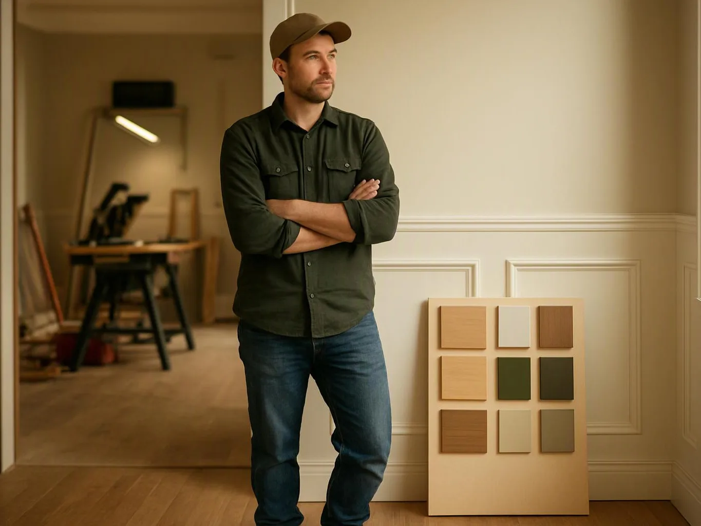 A man in a cap stands with folded arms beside color swatches in a room with tools and furniture