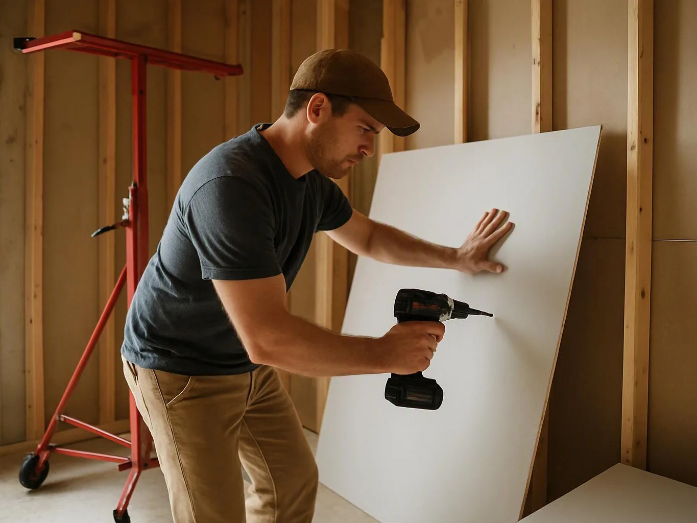 A man in a cap uses a cordless drill to work on a white board in a wood-framed room