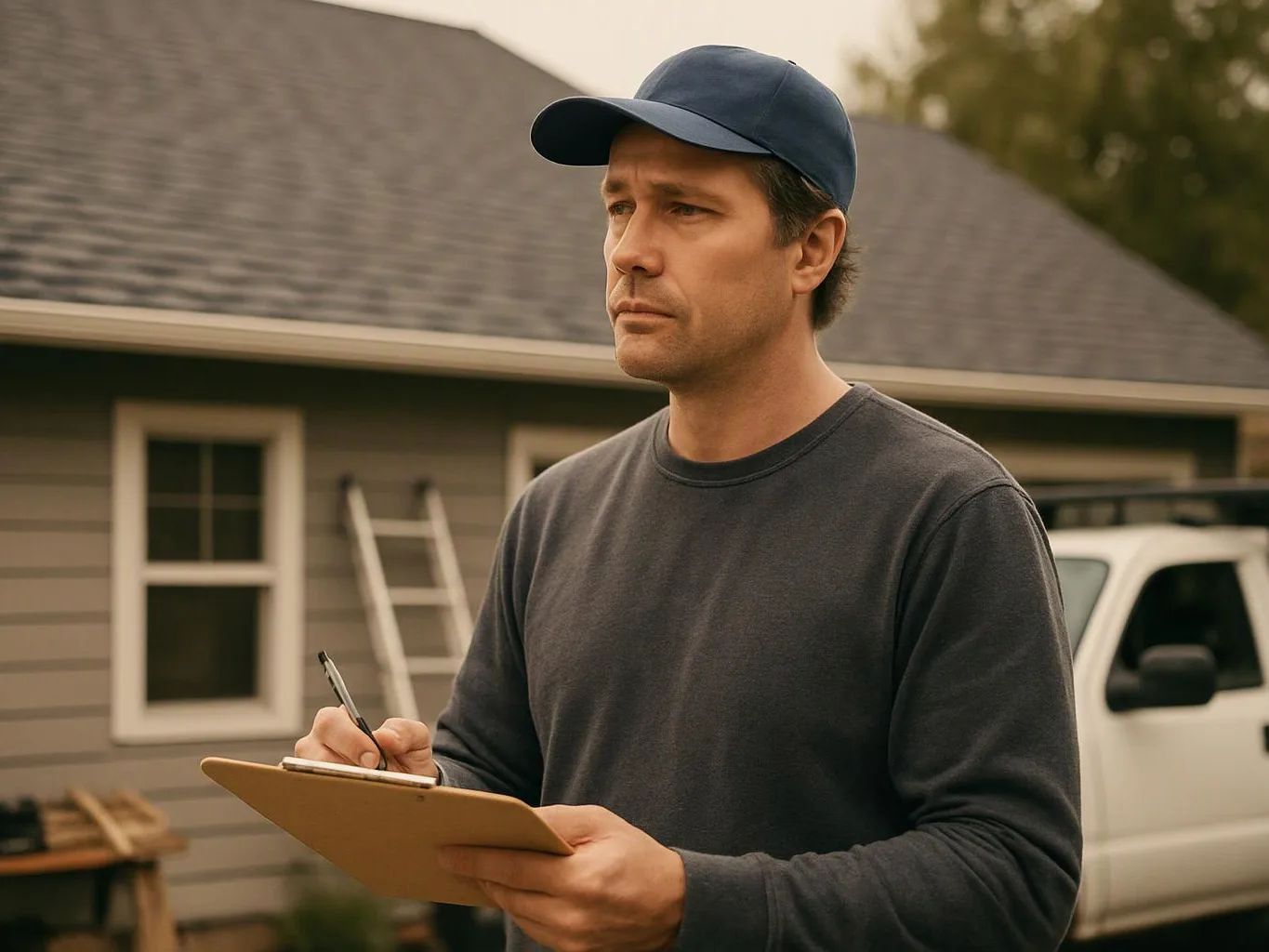 A man in a cap writes on a clipboard outside a gray house with a ladder and white truck nearby