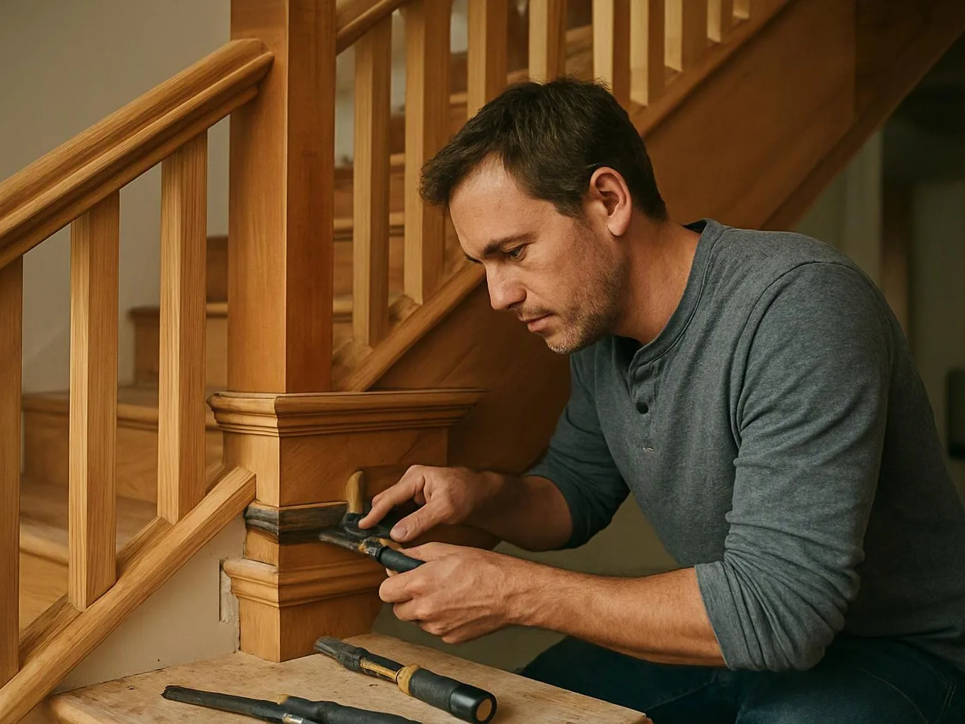 A man carefully sands a wooden stair railing beside a workbench with tools