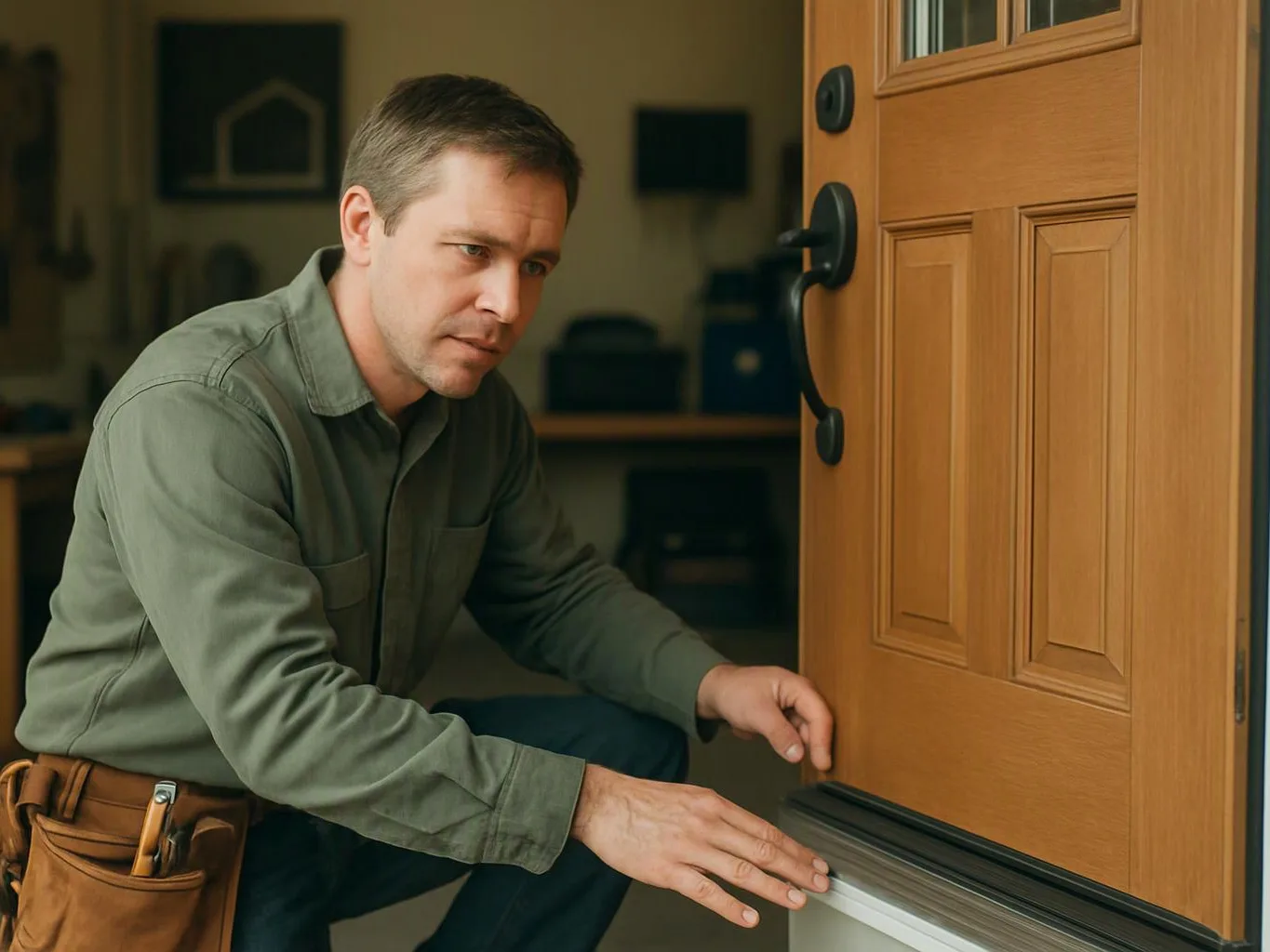 A man crouches by a wooden front door, inspecting the bottom threshold inside a dim entryway