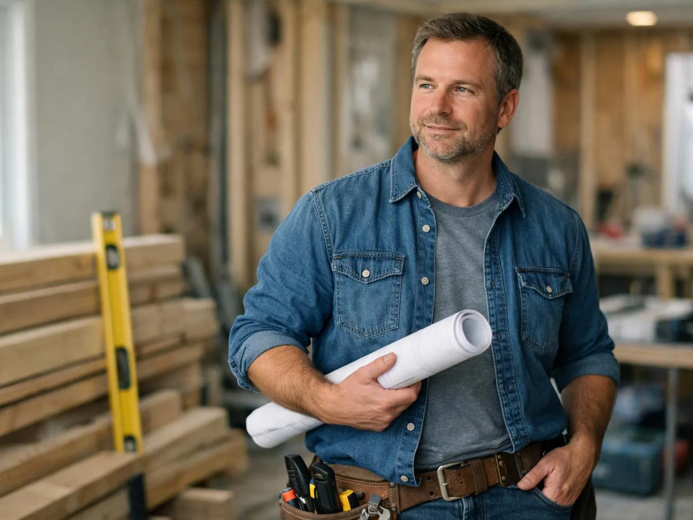 A man in a denim shirt holds rolled plans in a workshop with lumber and a level behind him