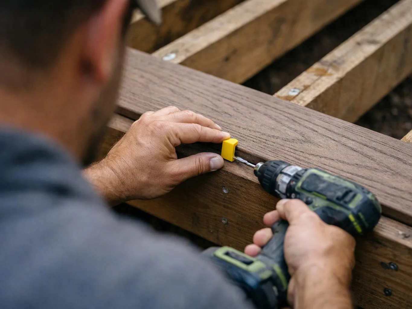 A man drills a screw into a wooden beam while steadying a small yellow spacer outdoors