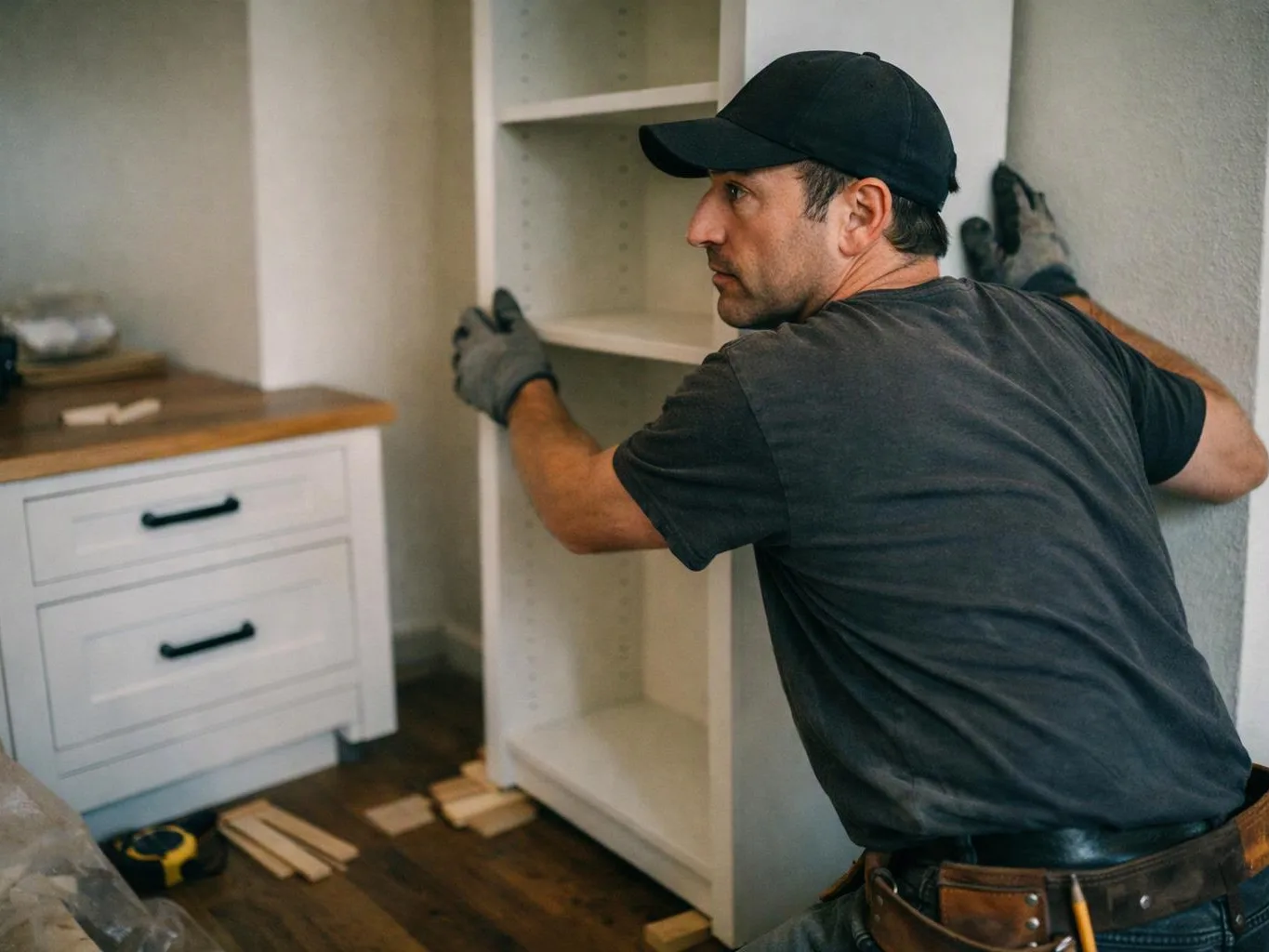 A man in gloves and a black cap installs a white built-in cabinet in a room with drawers and wood flooring