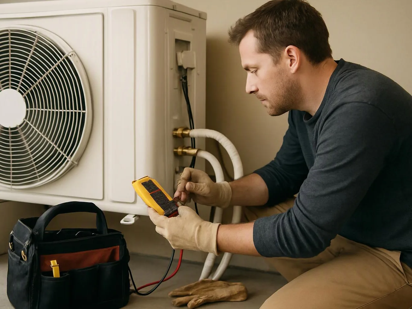 A man in gloves inspects an outdoor air conditioner unit with a multimeter beside a tool bag