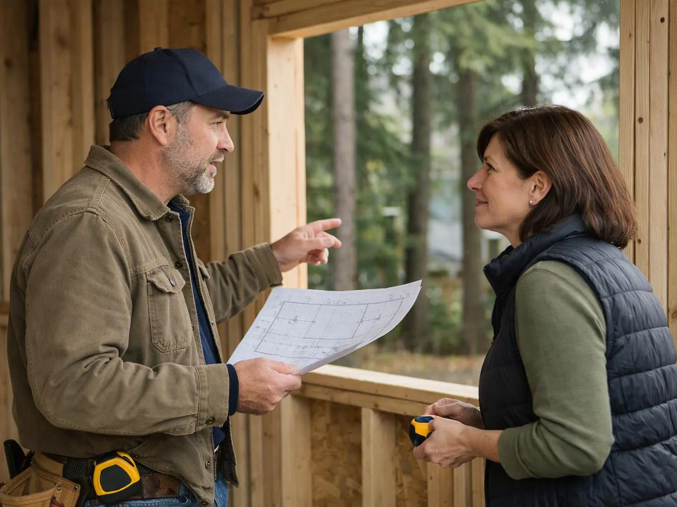 A man holding plans talks with a woman inside a wooden framed building under construction