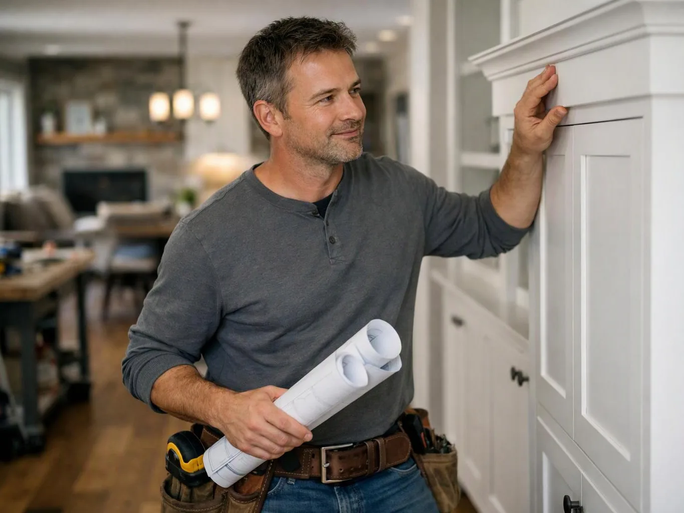 A man holds rolled blueprints and touches a white cabinet in a bright home interior