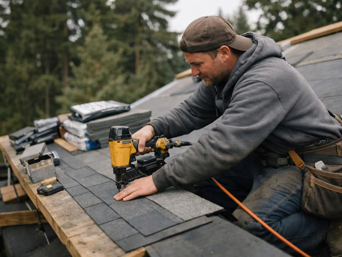 A man in a hoodie and cap kneels on a roof, using a nail gun to install shingles