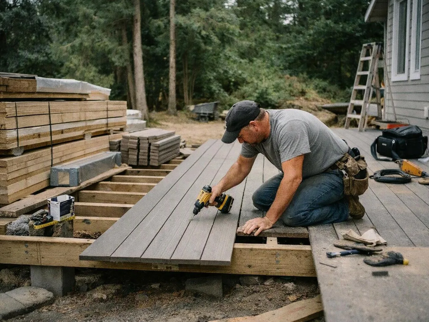 A man kneels on a deck frame and drills boards in a wooded yard