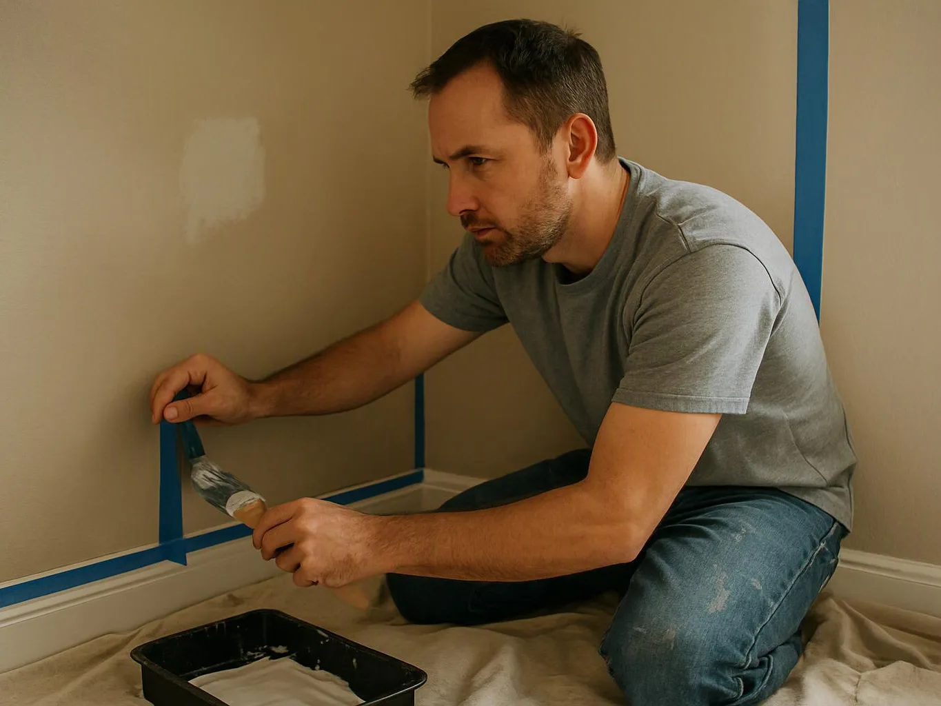 A man kneels on a drop cloth, painting a wall edge with blue tape masking the trim