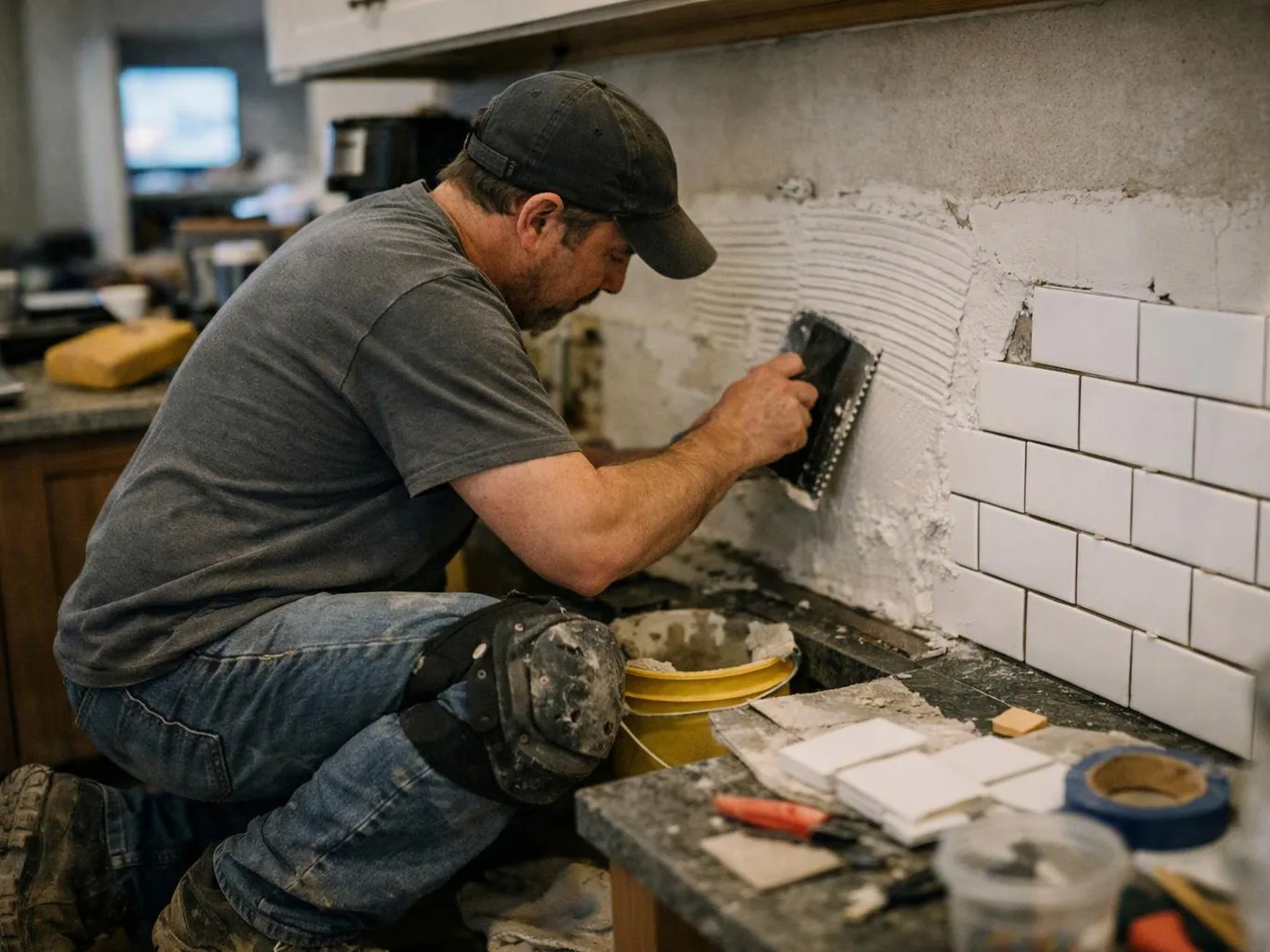 A man kneels in a kitchen, spreading mortar on a wall beside a row of white tiles