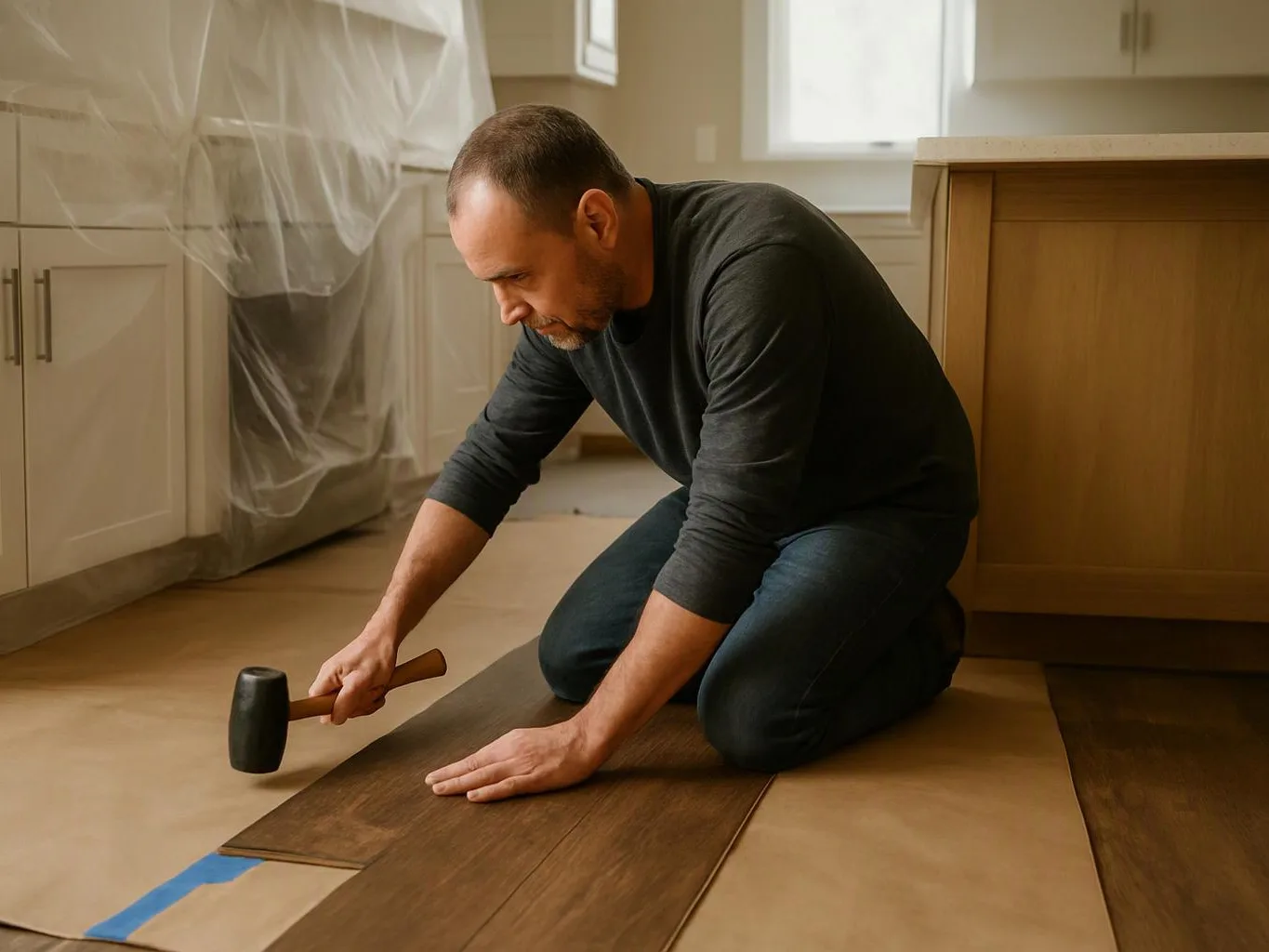 A man kneels in a kitchen, tapping a wood floor plank with a rubber mallet