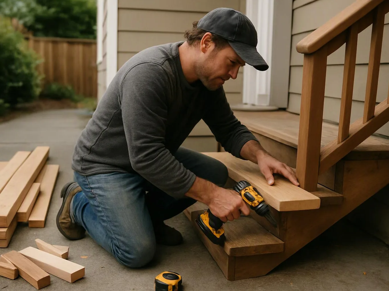 A man kneels on a porch, drilling a wooden step beside stacked lumber and scattered cut pieces
